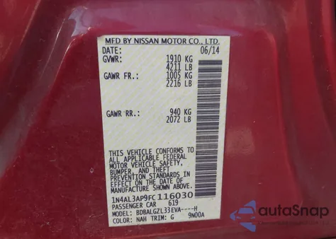 2015 Nissan Altima 2.5 S from USA, damaged, VIN 1N4AL3AP9FC116030